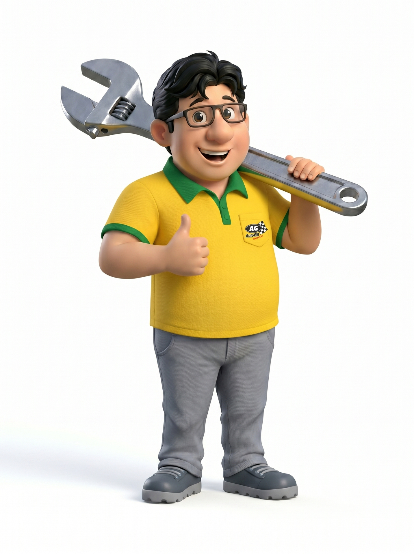 Mascote AutoGil — mecânico com chave inglesa