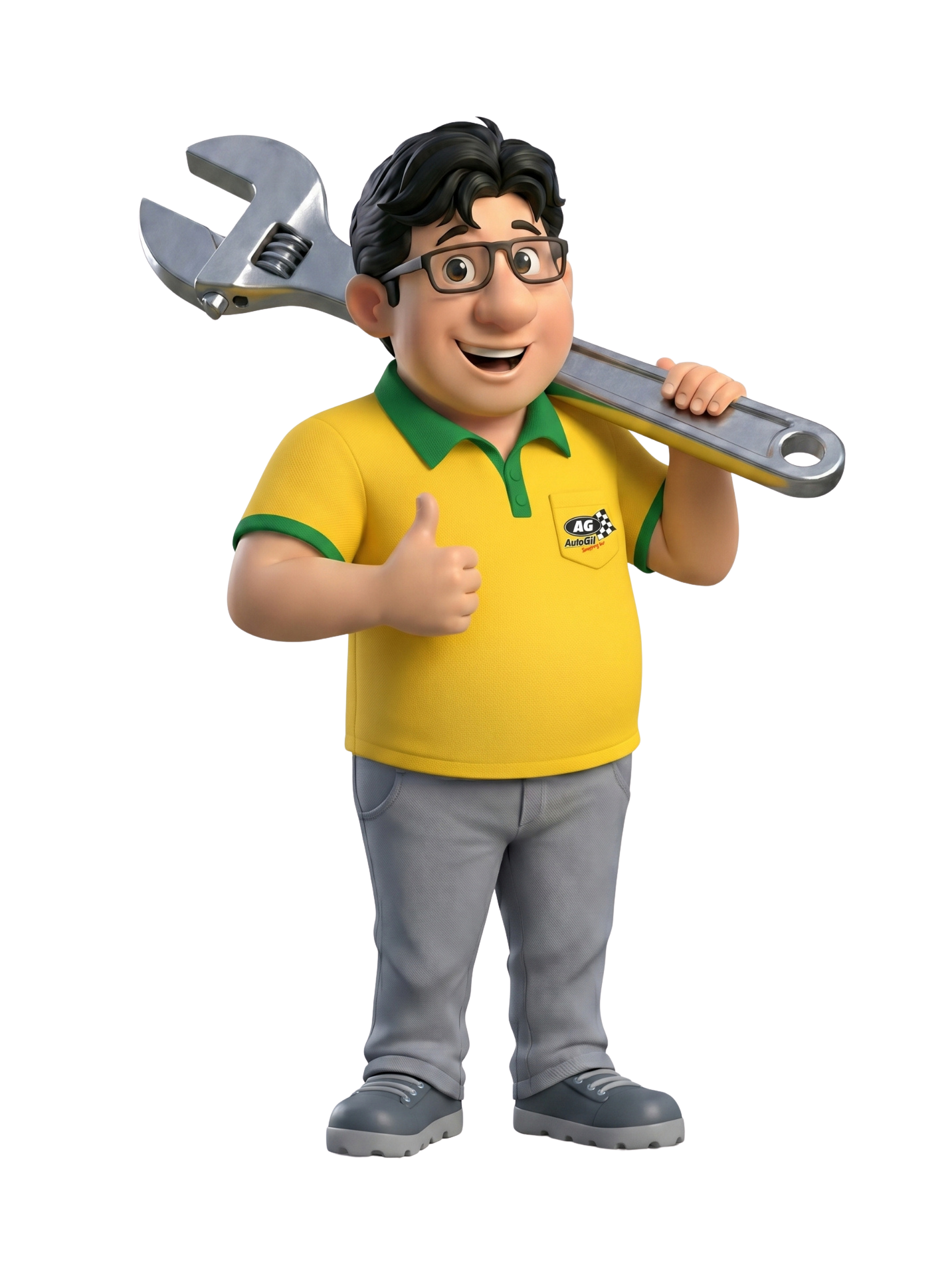 Mascote AutoGil — mecânico com chave inglesa